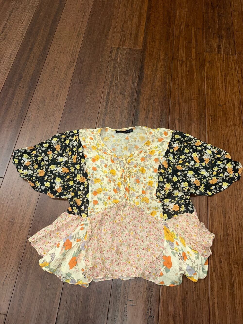 Large Zara Woman patchwork floral print lace-up blouse